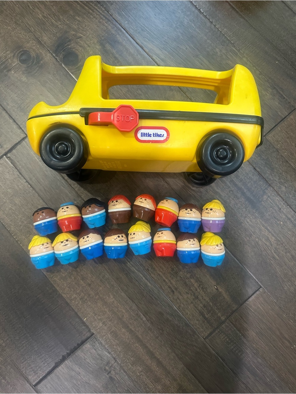 Vintage Little Tikes Yellow School Bus Push Toy with 16 Small Figures